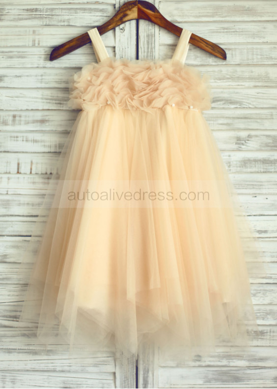 Thin Straps Pearl Champagne Tulle Flower Girl Dress 